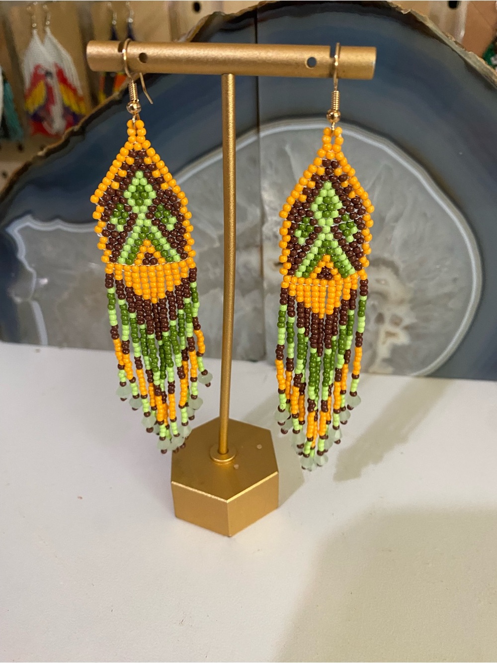 Yellow, Green & Brown Beaded Fringe Earrings - Women Jewelry